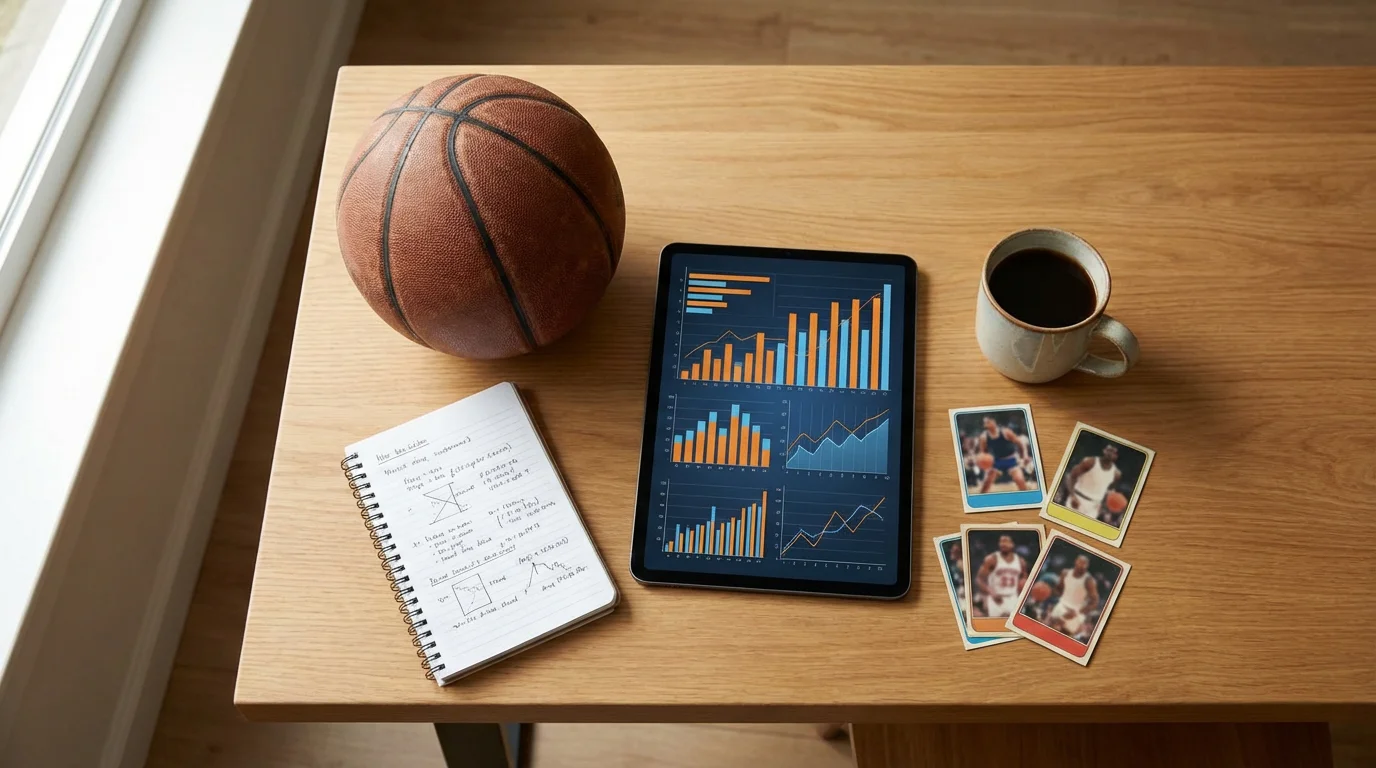 Basketball neben Tablet mit Datenanalyse-Grafiken und Statistik-Charts auf einem Holztisch