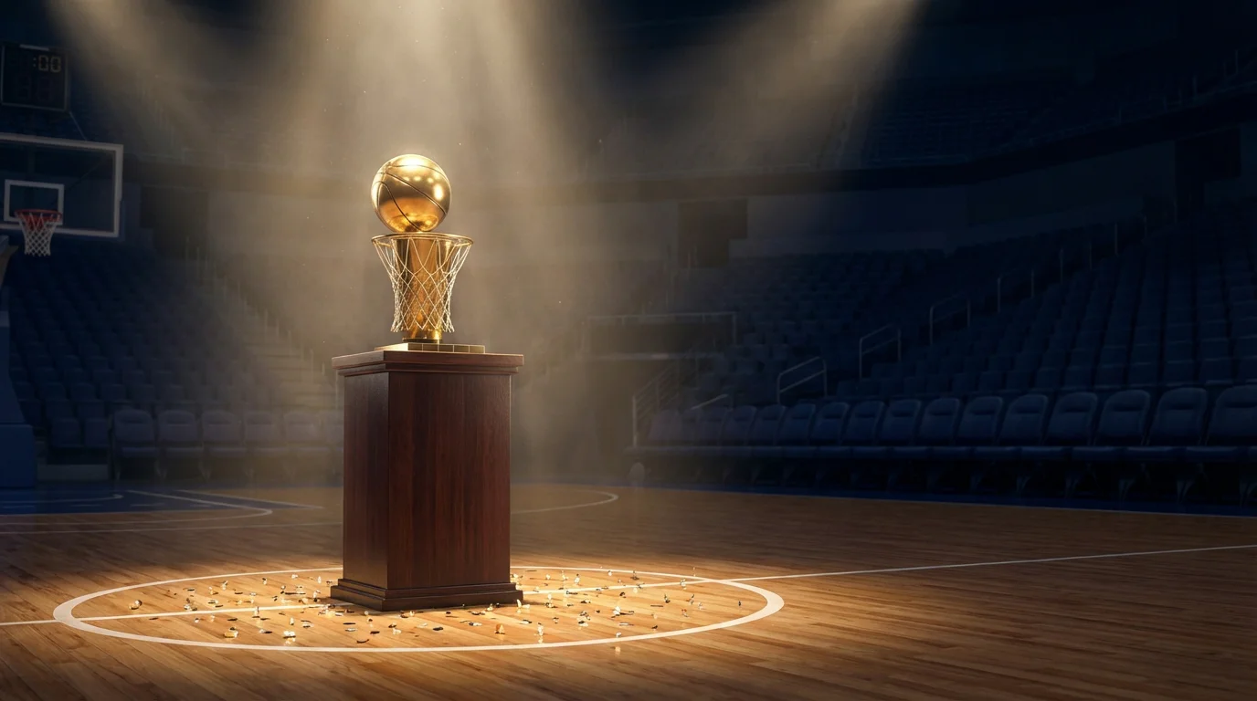 Goldene NBA-Meisterschaftstrophäe auf einem Podest unter Scheinwerferlicht in einer leeren Arena