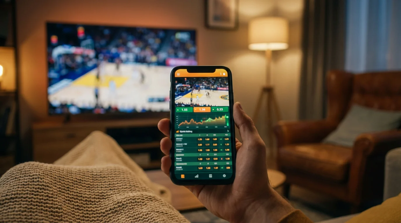 Hand hält Smartphone mit Live-Sportwetten-App während eines Basketball-Spiels im Hintergrund