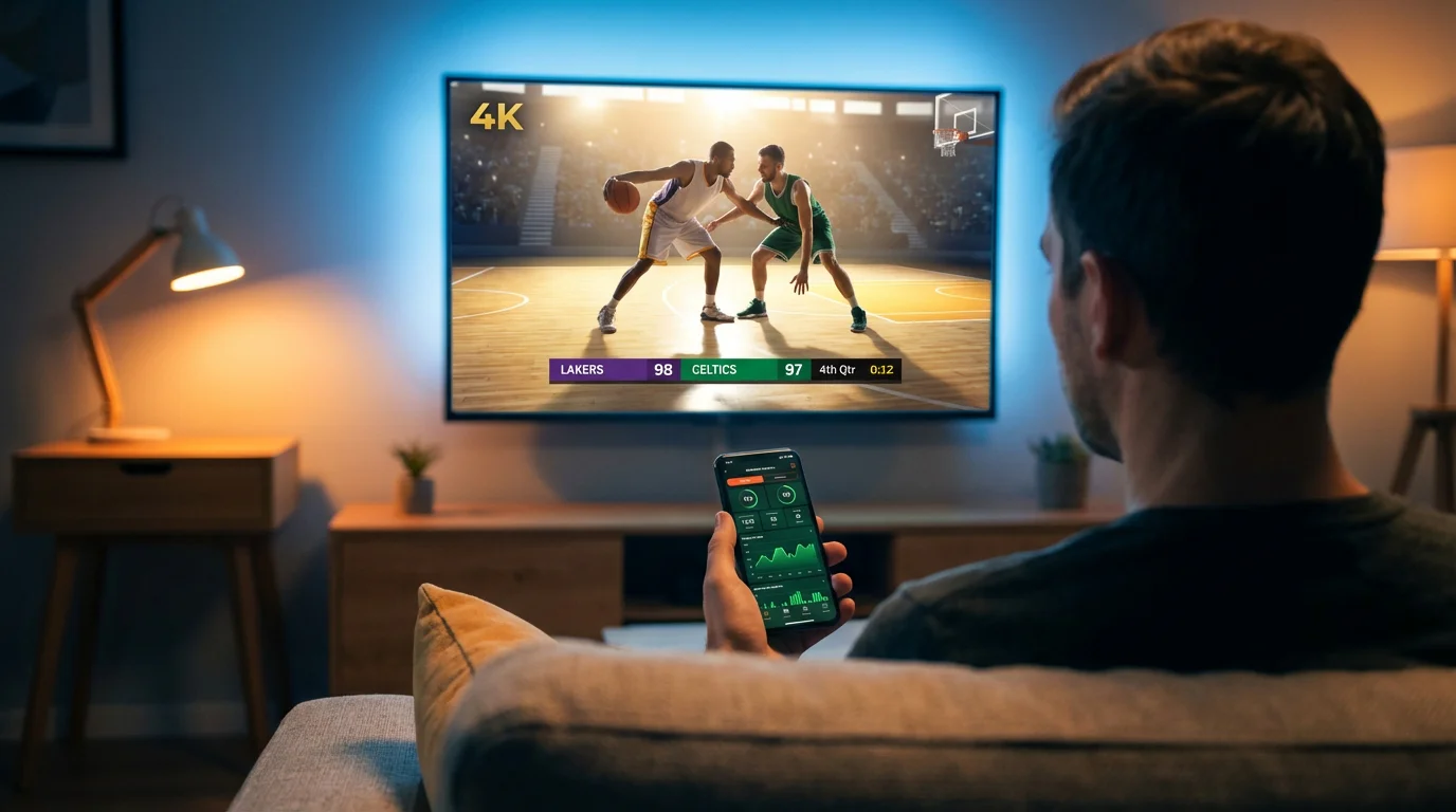 Basketballfan verfolgt ein NBA-Spiel live auf einem großen Bildschirm mit Echtzeit-Statistiken