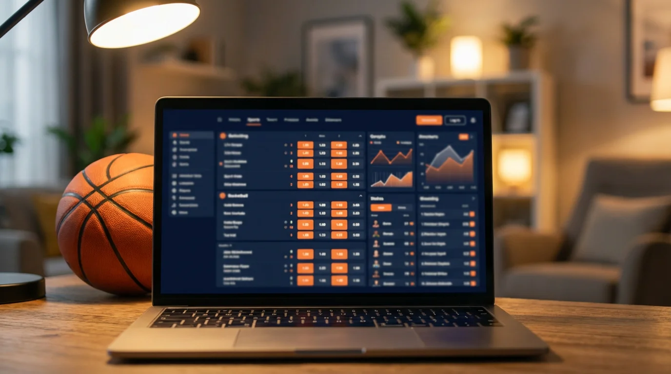 Moderner Laptop-Bildschirm mit Sportwetten-Quotenvergleich und Basketball-Statistiken