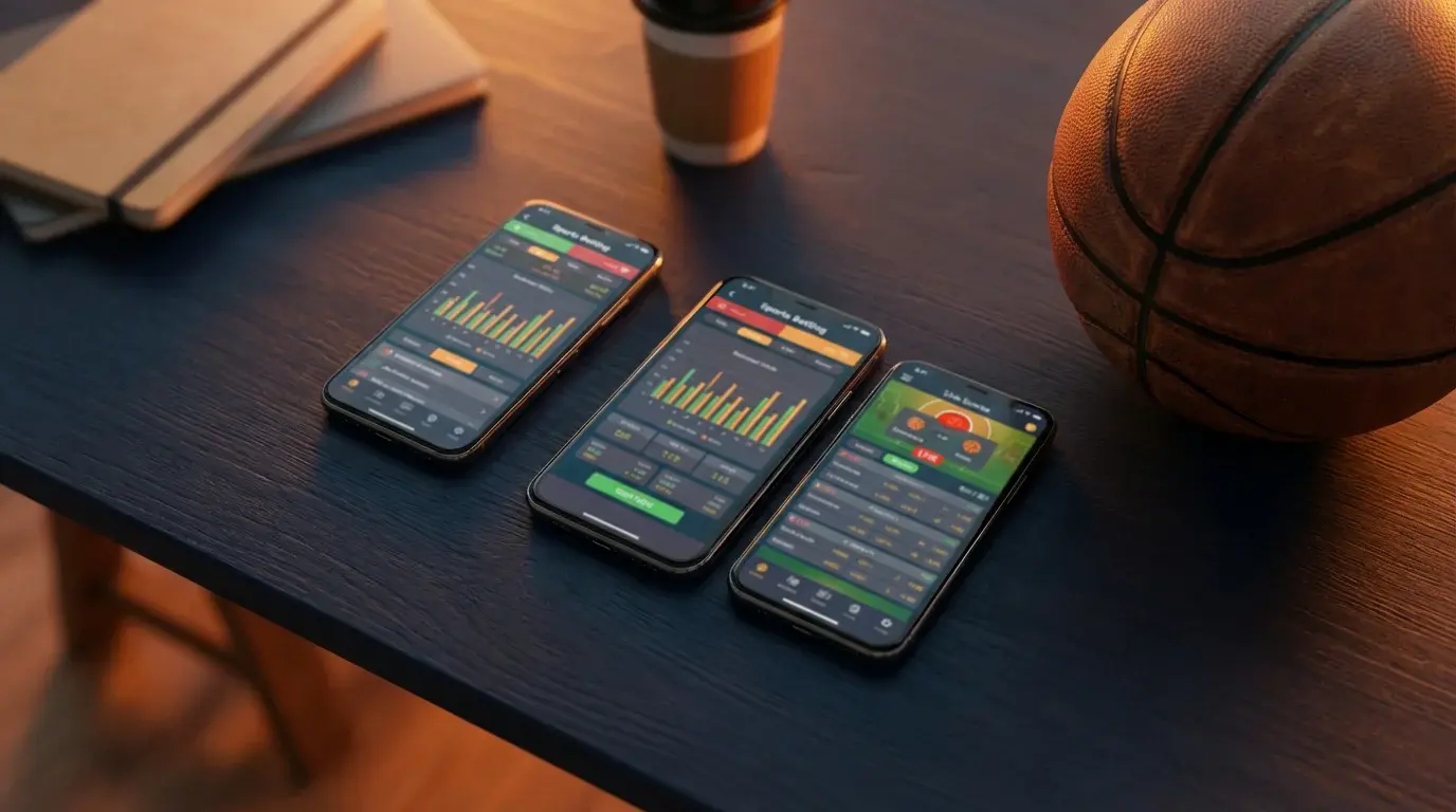 Mehrere Smartphone-Bildschirme mit NBA-Wettquoten auf einem dunklen Schreibtisch neben einem Basketball