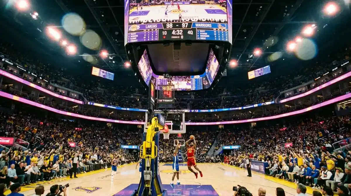 NBA-Basketballspiel mit Anzeigetafel und Punktestand in einer voll besetzten Arena
