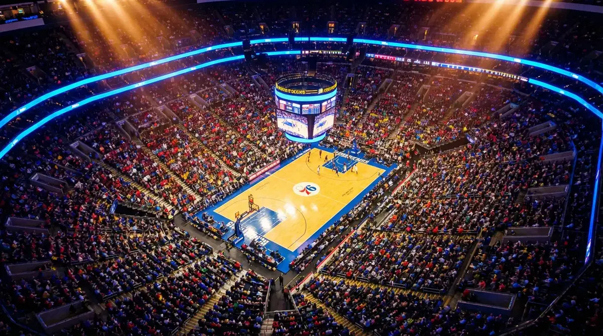 Beleuchtete NBA-Arena mit Basketball-Court aus der Vogelperspektive bei einem Abendspiel